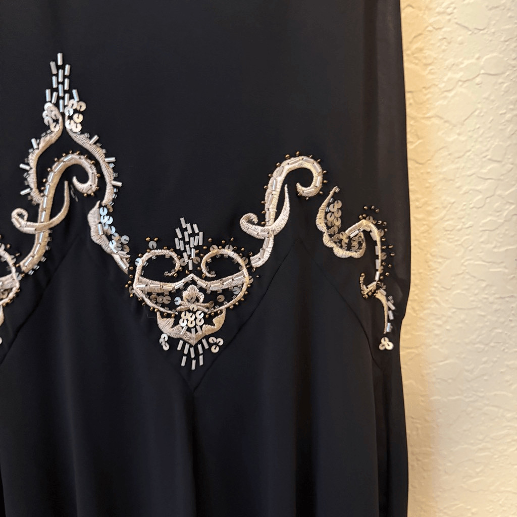 SL Fashions Blk Chiffon Y2K Embroidered Dropped Waist Handkerchief Hem Sz12