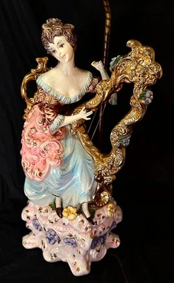 Vtg Splended Capodimonte Porcelain Lamp Female Harp Player Lady 23.5" Figurine - Image 1 of 4