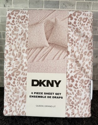 New DKNY Pink White Soft Queen Sheet Set 4 Pc Cheetah Leopard Luxe Cute