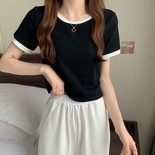 Short Sleeve Casual Tops for Women with Contrast Color Design and Comfort - Picture 5 of 32