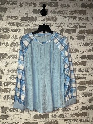 NEW! New Exclusive Everyday Blue Plaid Sleeve Lace Black Blouse Top - Size XL