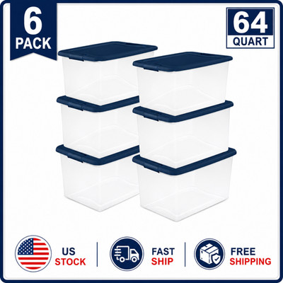 Sterilite 64 Qt Clear Latching Storage Bin Tote w/ Lid 6 Pack Marine Blue