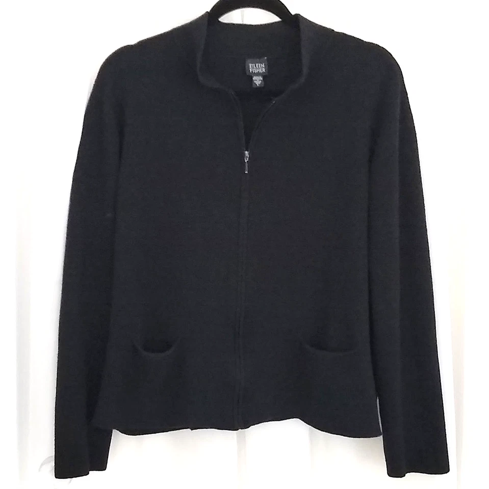 Cárdigan Suéter EILEEN FISHER Negro Sólido 100% Lana Cremallera Completa Cuello Mandarín L Foto 4 de 4