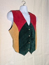 Vintage YS Pointe 70 Leather Vest Green Red Gold Colorblock Large 44" Chest
