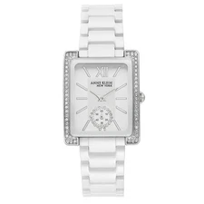 Anne Klein 12/2321WTSV Ladies Rectangular Crystal Accented Watch w/Ceramic Band