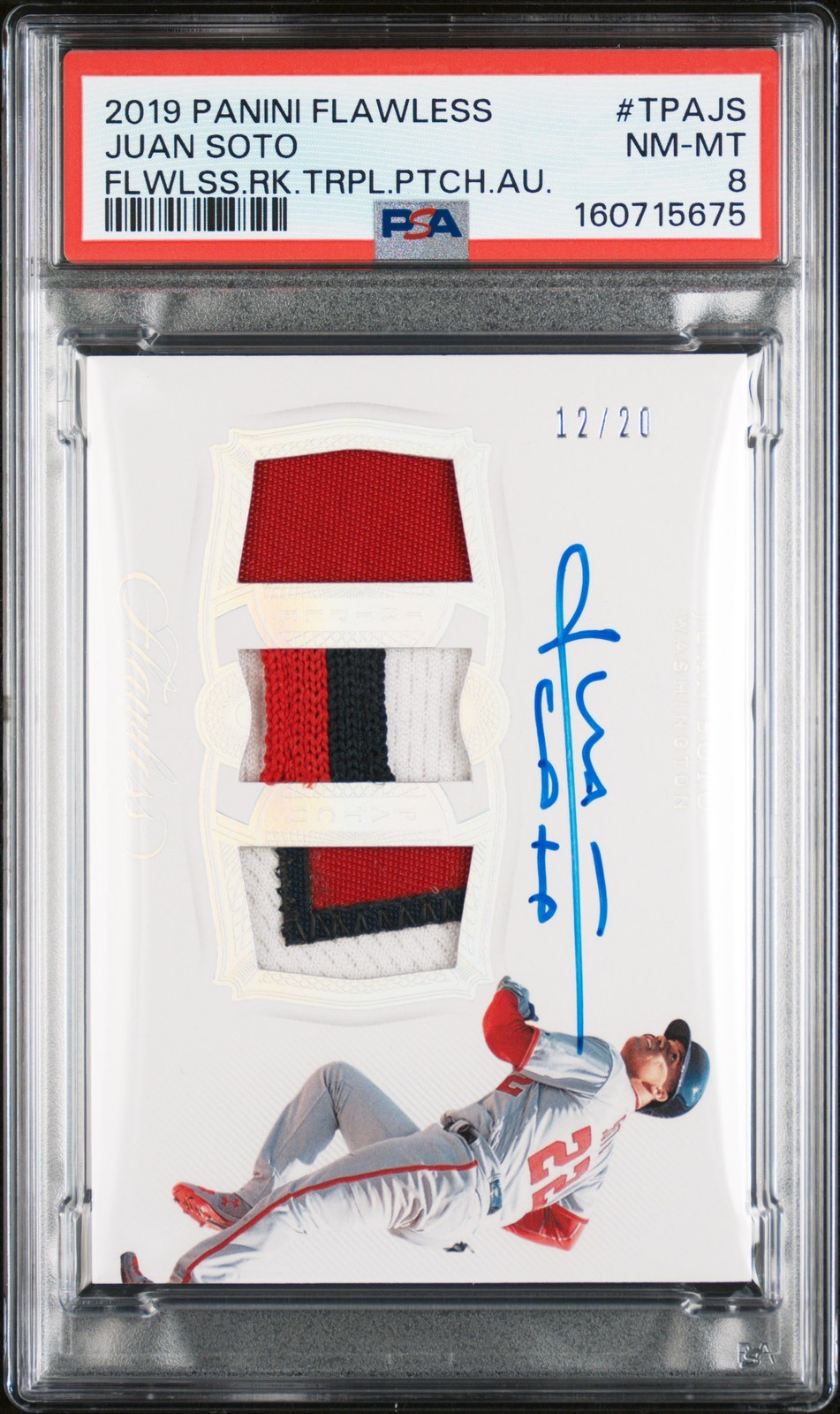 2019 PANINI FLAWLESS FLAWLESS ROOKIE TRIPLE PATCH AUTO JUAN SOTO 12/20 PSA 8