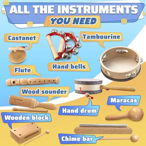 Wooden Musical Instruments Set – 13-Piece Music Instruments Kit with ...