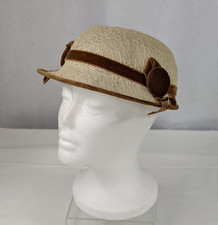 VTG 1920's Flapper Style Woven Hat Penny Union Cap Brown Tan Bow Formal Church