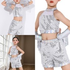 Kids Dance Outfit Girls Dance Clothes Sleeveless Top with Shorts Arm Sleeves