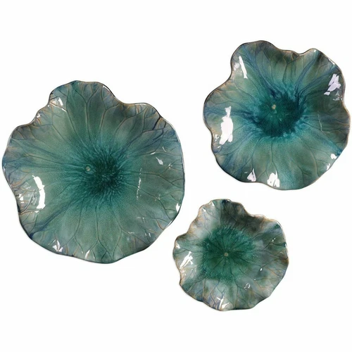 UTTERMOST 4100 ABELLA AQUA CERAMIC FLOWER INDOOR OR OUTDOOR WALL DECOR SET OF 3 - Picture 1 of 6