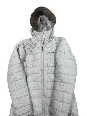 Columbia Womens Puffer Coat Size SMALL Down Light Gray Jacket Zip Pockets