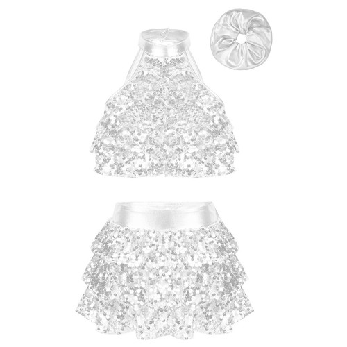 Kids Girl's Shiny Sequin Dance Crop Top with Tassel Tutu Skirt Set Dancewear - Picture 51 of 64
