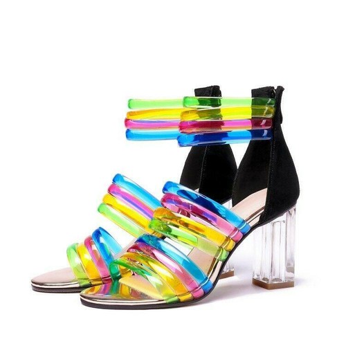 Sandalias para mujer transparente Multi Colores del Arco Iris Correas Claro  Tacones gruesos zapatos | eBay