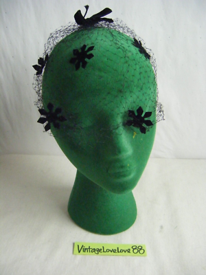Vtg 60s Black Velvet Bows Snowflakes Veil Net Hat-16  display picture 2