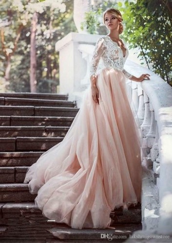 Blush Pink Tulle A Line Wedding Dress V 