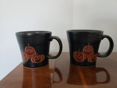 Pair of Fiesta Trio of Happy Pumpkins coffee Mug Halloween 