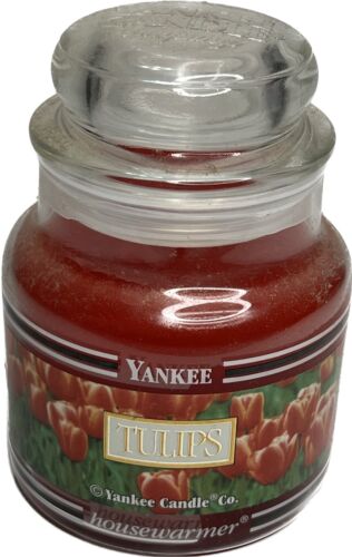 YANKEE CANDLE 3.7oz SMALL JAR TULIPS FLOWERS BLACK BAND HOUSEWARMER VTG ORIGINAL