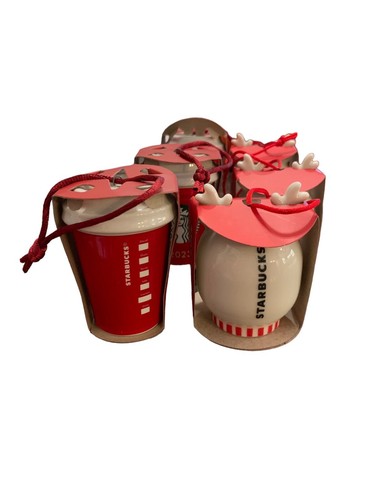 Starbucks Ornament Ceramic Christmas Europe Reindeer & Cup 2023 Set 2 Pcs NEW - Picture 2 of 4