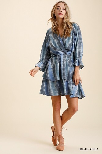 Umgee Y2K Mini Dress Tie Dye V Neck Boho Tiered Layered Ruffle Sleeve L Summer