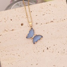 Gold Colored Butterfly Necklace-Sapphire Blue