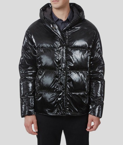 Riverstone Men's Hooded Patent Nylon Bomber with Hood - Black