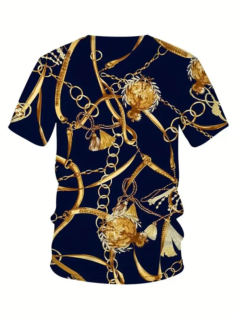 T-Shirt Baroque Golden Gold Chain Navy Blue Novelty Fashion Men