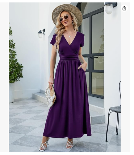 Women’s Maxi Dress Medium Purple Wrap V Neck Short Sleeve With Pocket - Picture 3 of 6