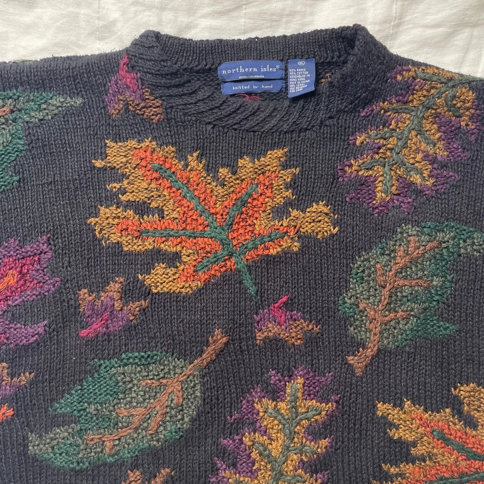 Suéter Hojas de Otoño Islas del Norte Tejido a Mano Talla XL Grueso Acogedor Abuelo Foto 4 de 4