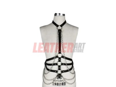Schwarz Leder Kette Body Harness Choker Set Gothic Punk Festival Wear