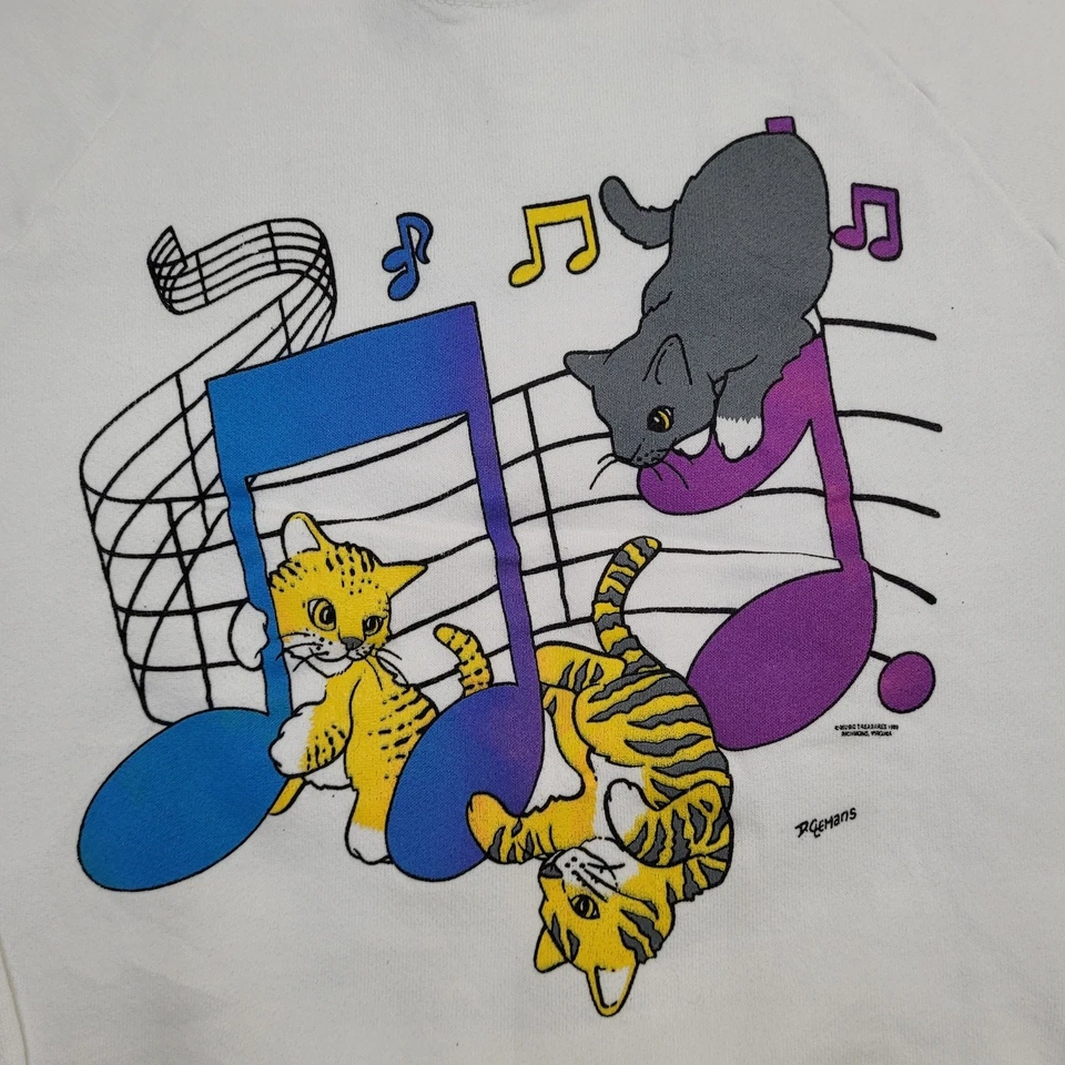 Vintage 1989 Cat Sweatshirt Womens S/M 18x23 White Playful - Image 3 of 4