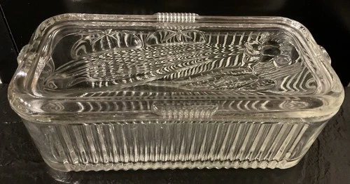 Vintage Federal Glass Clear Ribbed Refrigerator Dish Embossed Vegetable Lid