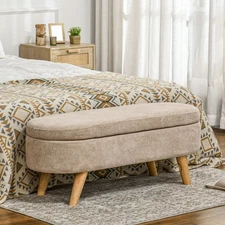 HOMCOM Storage Ottoman Bench, 43.3" Upholstered End of Bed Bench, Beige
