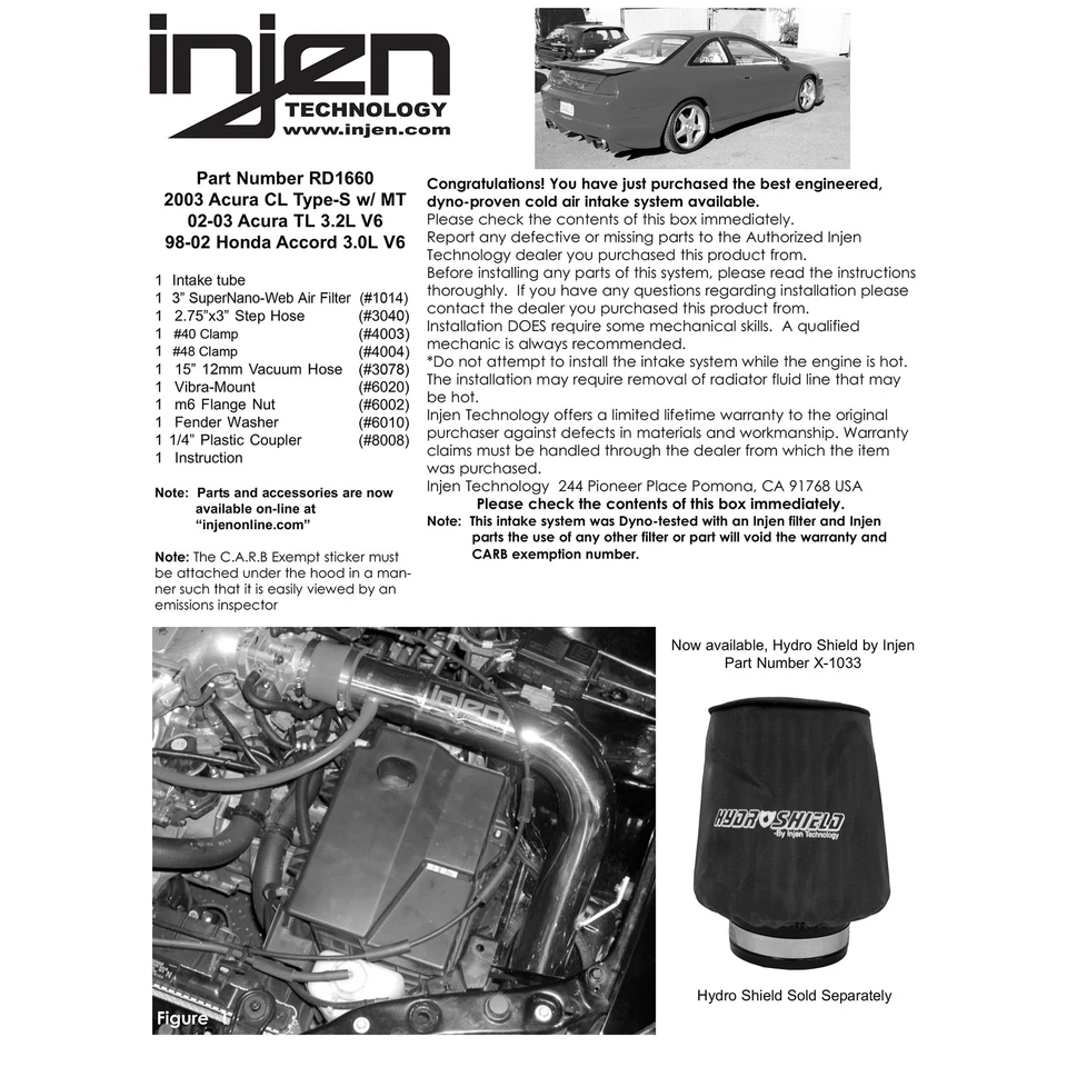 Entrada de aire frío Injen RD1660BLK para Accord 1998-02 3,0 L / 02-03 Acura TL 3,2 L V6 Foto 4 de 4