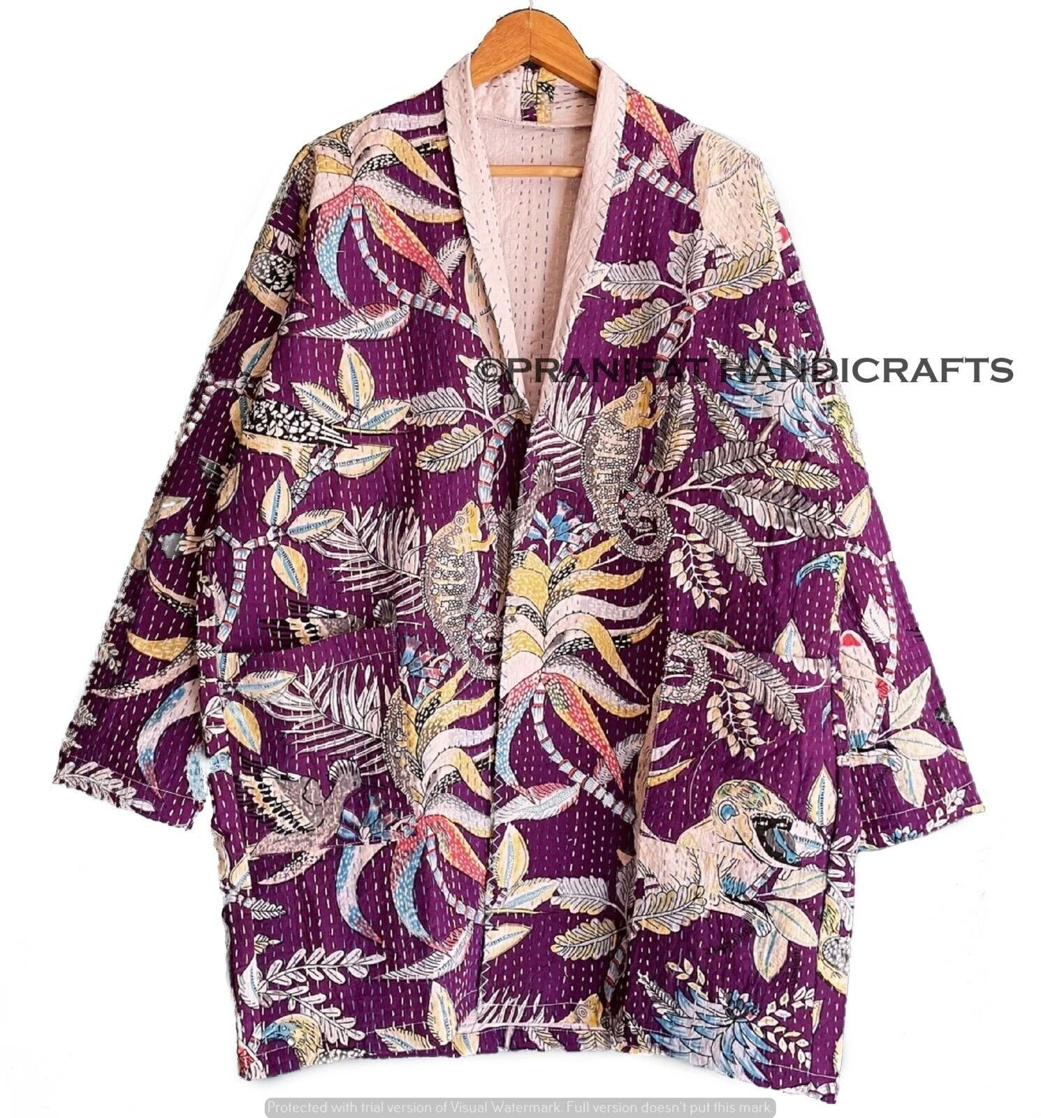 Indian Monkey Floral Purple Kantha Quilted Jacket Front Open Wear Mid-length