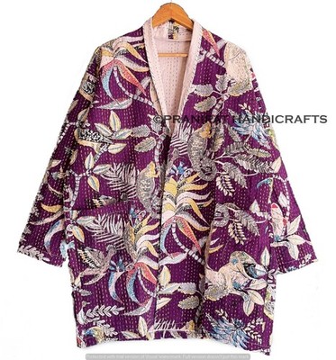 Indian Monkey Floral Purple Kantha Quilted Jacket Front Open Wear Mid-length