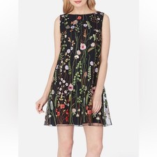 Tahari Arthur S. Levine Size 4 Floral Embroidered br black Mini Shift Dress SZ 4