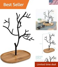 Whimsical Black Jewelry Display Stand with Bamboo Dish for Necklaces Bracelets