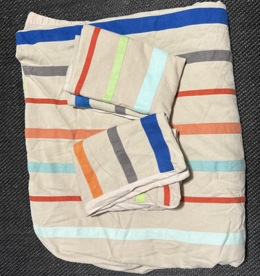 Crate & Kids Duvet And Shams Full Size Khaki with Colorful Stripes (3 Piece Set)