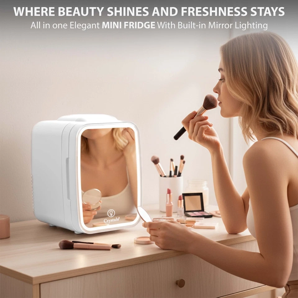 4L Mini Fridge with LED Mirror Portable Cooler Warmer Table Top Bedroom Makeup - Image 3 of 4