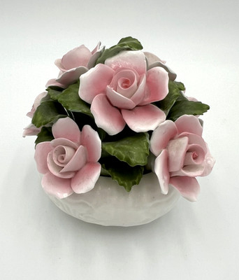 Aynsley England Bone China Pink Rose Bouquet In Pot Figurine Hand Modelled