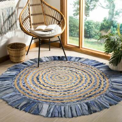 Carpet Jute Denim Round Rug Reversible Handmade Area Rug Modern Look Floor Rug