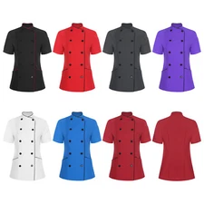 Women Coat Breathable Tops Cooking Jacket Cafe Chef Contrast Color Short Sleeve