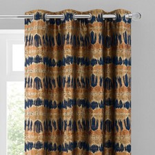 Image of Navy Gold Jacquard Heavy Thermal Interlined Eyelet Abstract Luxury Curtains Pair