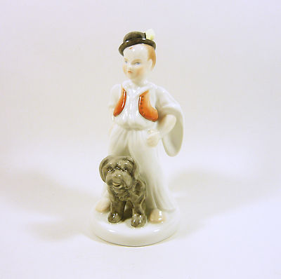 HEREND, FOLKLORE BOY WITH PULI DOG 6.3'', HANDPAINTED PORCELAIN FIGURINE ! (J067)