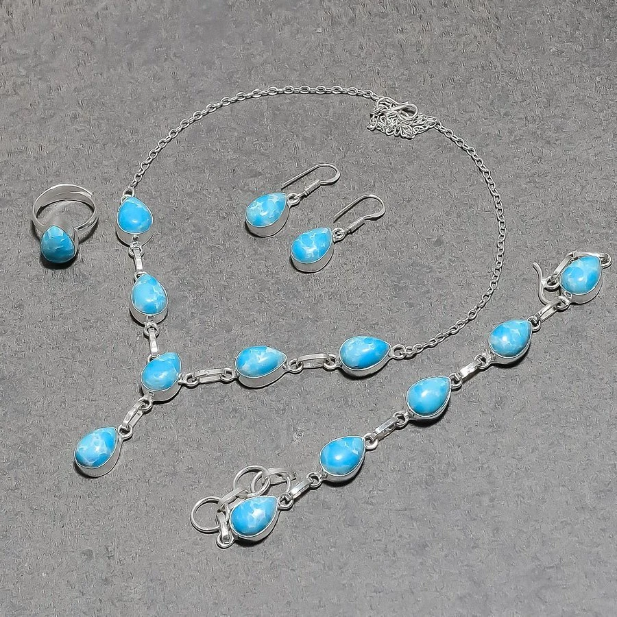Juego de joyas de piedras preciosas con forma de pera Larimar cadena ajustable hecho a mano conjunto de collar Foto 4 de 4