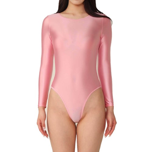 Damen Langarm Satin Glänzend Wetlook Body Overall Hochgeschnitten Tanga Turnanzug - Bild 20 von 20