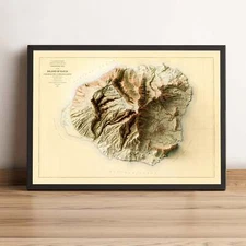 Kauai Map, Kauai Island 2D Relief Map, Kauai Vintage Map - 2D Flat Print