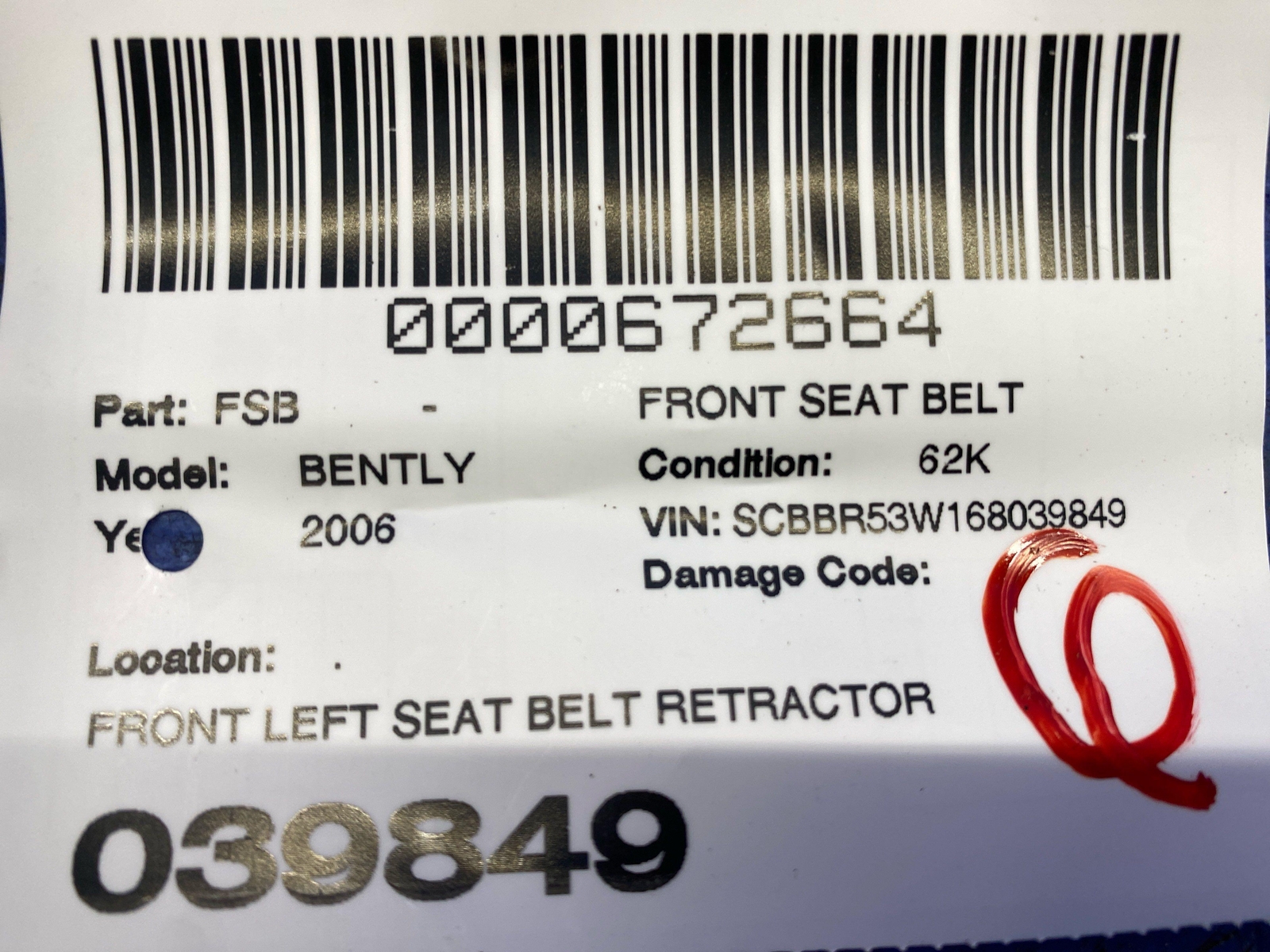 2006-2012 BENTLEY CONTINENTAL FLYING SPUR FRONT LEFT SEAT BELT RETRACTOR ASSY