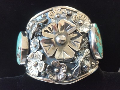 Large Wide Taxco Bees Flowers Turquoise Cuff Bracelet 77+g 950 Sterling Silver 