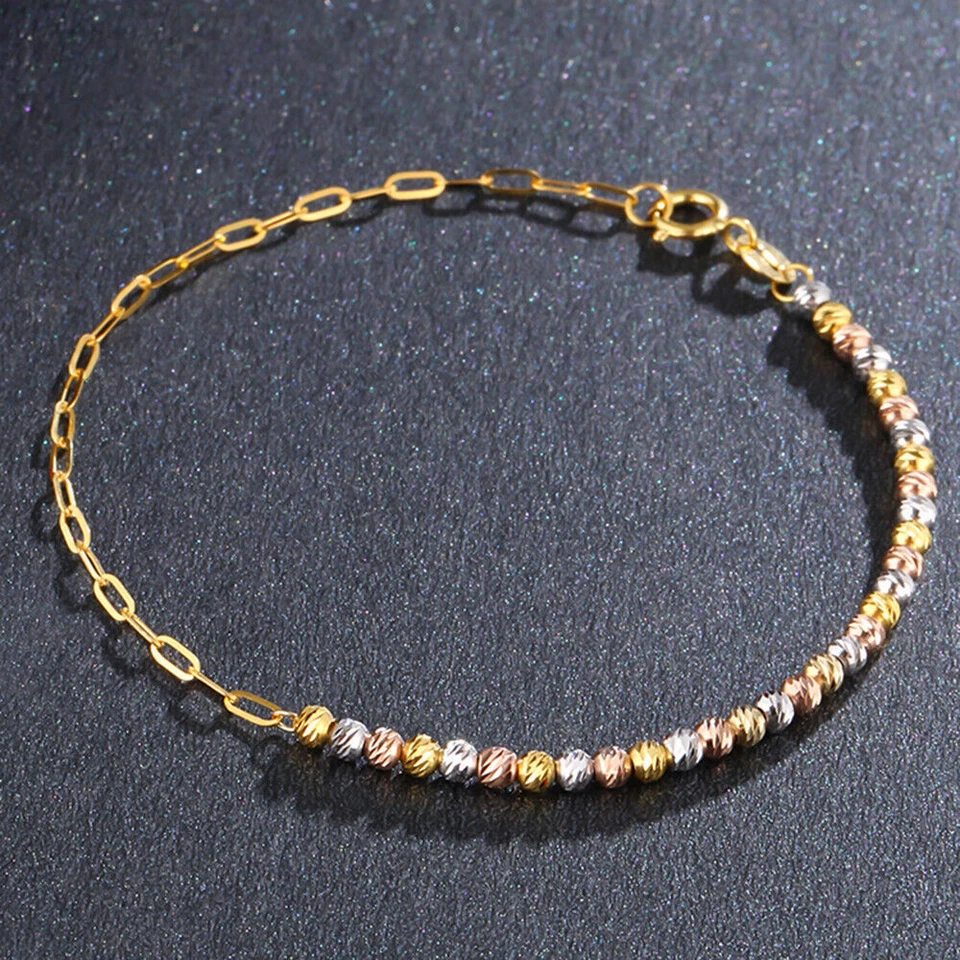 18K Yellow Gold Cable Chain with Multi-tone Beads Link Bracelet Women Gift - Image 2 of 4